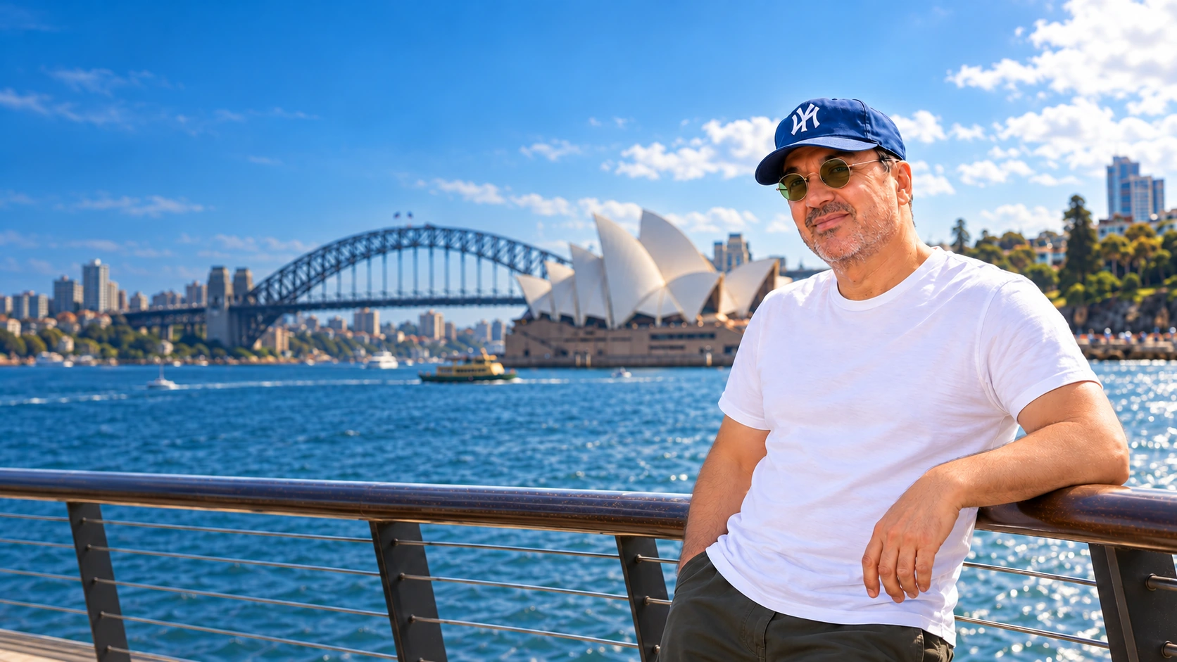 Nikolaos Drimousis with Sydney Harbour, the Opera House and Harbour Bridge behind him
